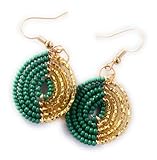 Handmade Gameday Seed Bead Teardrop Earrings – Lightweight Team Color Statement Earrings for Women (Green & Gold, Small)