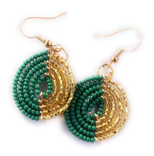 Handmade Gameday Seed Bead Teardrop Earrings – Lightweight Team Color Statement Earrings for Women (Green & Gold, Small)