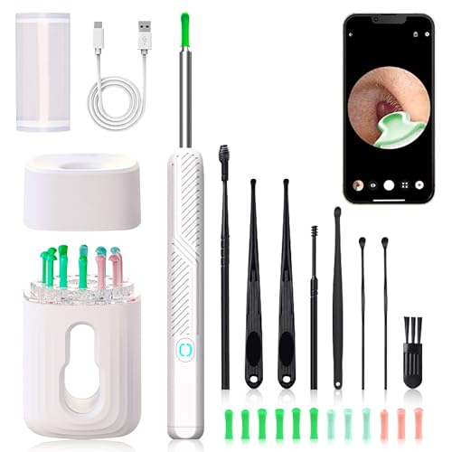 Ear Wax Removal Tool - Wireless Ear Cleaner Kit with 1080 HD Camera and Storage Case, Rechargeable Earwax Remover with 12 Ear Picks, Ear Wax Removal Kit with 8 Replacement Tips (White)