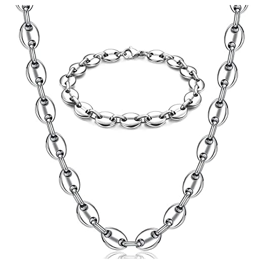 JeweBella Chaine Graine de Cafe Homme Acier Inoxydable Grain de Café Chaîne Bracelet Ensemble pour Homme 7MM Grain de Café Chaîne Hip Hop Collier Argent Longueur 56/61CM, Bracelet 21.5CM