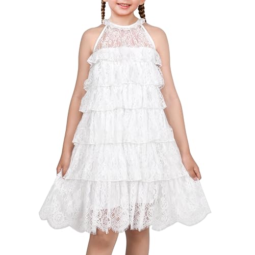Robe fille blanc dentelle fluide A-ligne d'été 7-14 ans