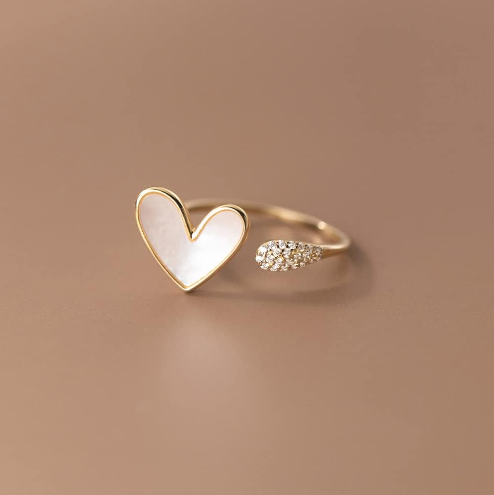 Unique Shell Heart Open Stacking Ring 925 Sterling Silver Crystal Cubic Zirconia Adjustable Expand Promise Love Endless Joint Thin Rings Dainty Statement Finger Bands Wedding Mother's Day Jewelry Gifts for Women Girls Daughter Bride - Image 5