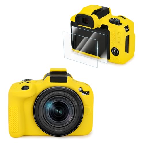 VOVMOEYA Custodia protettiva in silicone per fotocamera Canon EOS R50, con 2 pellicole temperate LCD, custodia protettiva in silicone per fotocamera EOS R50, con presa migliorata, leggera, 9H, 0,25