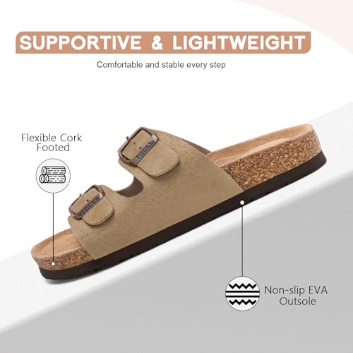 Image of FITORY Womens Flat Sandals with Cork Footbed, Open Toe Arch Support Slides Adjustable Slip On Slippers for Summer 2026 Size 6-11