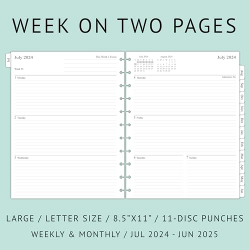 newestor 2024-2025 Weekly Discbound Planner Refills with Monthly Tabs, July 2024 to June 2025, 11-Disc Punches, Letter Size, 8-1/2\" x 11\" - Thumbnail 2