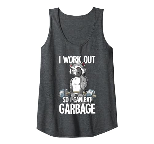 Raccoon Gym Weight Training I Work Out So I Can Eat Garbage Tank Top, Women, Dark Heather Grey, Small