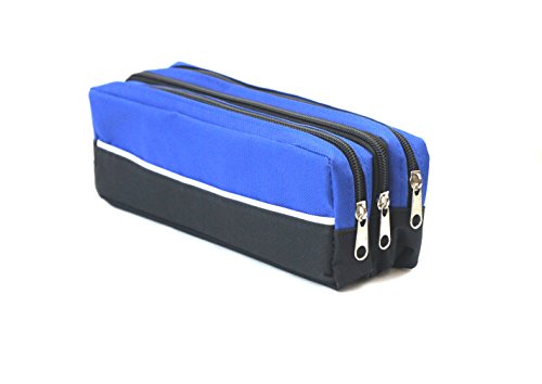 Arpan Triple Pocket Zip Rectangular Large Fabric Pencil Case - School Make-up (BLUE)