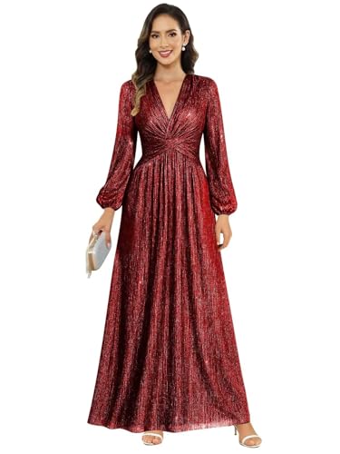 Image of Women's Formal Wedding Guest V Neck Glitter Sequins Mother of The Bride Dresses Long Sleeve