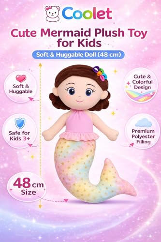 Image of Medium Size 48 CM Mermaid Soft Toy Doll | Multicolor Eyes Fish Girl Plush Toy | Soft Stuffed Doll for Kids & Girls Pink Doll
