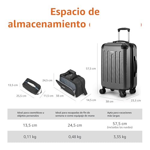 Gráfico que muestra las dimensiones y detalles de almacenamiento del juego de equipaje de Amazon Basics.