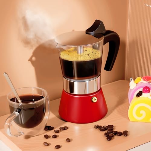 Image of 4 Cup 200ml Glass Moka Pot, Stovetop Espresso Maker, Red | Crystal Glass-top & Stainless Steel Coffee Maker, Induction Compatible, for Greca de Cafe, Cuban and Italian Coffee Brewing