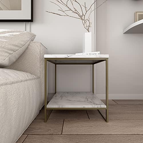roomfitters Faux Marble Side Table, White Marble Small Coffee Table with Storage, 2-Tier End Table for Living Room, Nightstand for Bedroom (White, Gold)