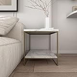 roomfitters Faux Marble Side Table, White Marble Small Coffee Table with Storage, 2-Tier End Table f