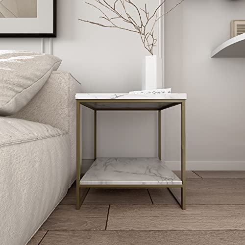 Roomfitters Faux Marble Side Table, White Marble Small Coffee Table With Storage, 2-Tier End Table For Living Room, Nightstand For Bedroom (White, Gold) #TOP29