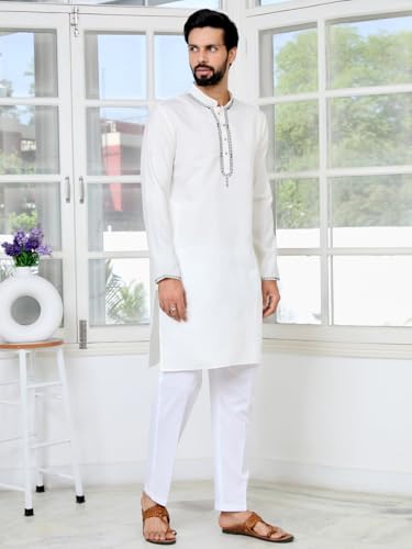Image of See Designs Men's Full Sleeve Mandarin Collar Sequins Embroidered Chanderi Straight Long Kurta with Yoke Design - Festive Collection