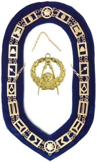 MASONIC BLUE LODGE OFFICER CHAIN COLLAR WITH Gold – Senior Deacon JEWEL - MASONIC REGALIA BLUE LODGE CHAIN COLLAR GOLDCHAIN AND BLUE BACKING
