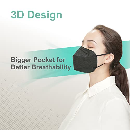 Medtecs Kn95 Face Masks Disposable - Individually Wrapped, 5 Ply Protection & Extra Wide Elastic Ear Loops Design, ≧ 95% Filtration Efficiency | Mask Extender Included, 50 Pc - Black #TOP3