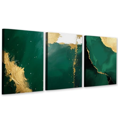 3 Piece Emerald Green and Gold Wall Art Canvas Print Abstraction Wall Decor