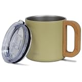 LUMAI Caneca Térmica 350ml, Inox 304 com Tampa e Alça de Madeira - Amarelo
