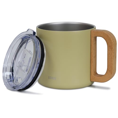 LUMAI Caneca Térmica 350ml, Inox 304 com Tampa e Alça de Madeira - Amarelo