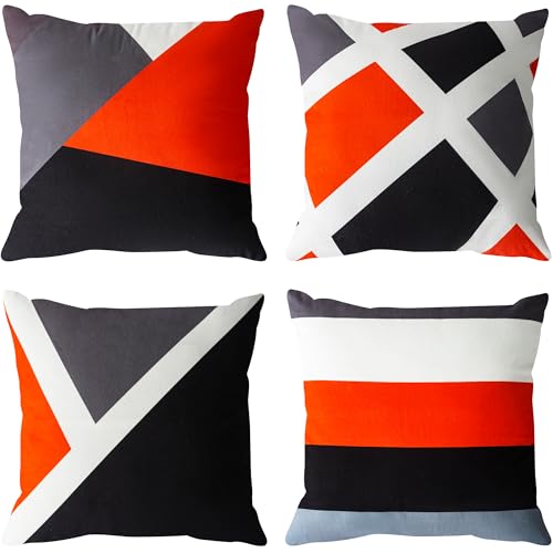 Image of ZHILING Set of 4 Cushion Covers 45x45cm Abstract Simple Geometric Stripes Black Grey Orange Splicing Bold design Pillow Cases Home Decor Square cushion covers 18x18 Inches