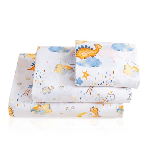 LONAVA Twin Size Kids Dino Adventure Animal Print Bed Linen Set - 3 Piece Set, 1 Flat Sheet, 2 Pillowcases, Deep Pockets, Embroidery Detail, Microfibre, Easy Care