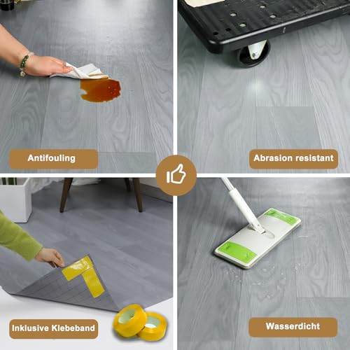 Oxdigi PVC-Boden Holzoptik Vinylboden für Wohnzimmer, Küche, Balkon, Wohnwagen, Abstellraum, Zuschneidbar Vinyl-Fußböden Wasserdichter Fußbodenbelag Grau