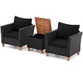 Tangkula 3 Pieces Patio Porch Furniture Set, PE Rattan Wicker Chair Conversation Set with Cushions and Storage Table, Outdoor Acacia Wood Bistro Set for Garden, Poolside (Black)