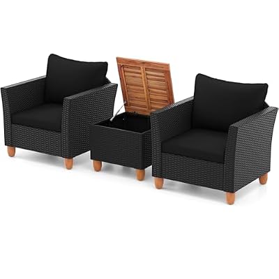 Tangkula 3 Pieces Patio Porch Furniture Set, PE Rattan Wicker Chair Conversation Set with Cushions and Storage Table, Outdoor Acacia Wood Bistro Set for Garden, Poolside (Black)