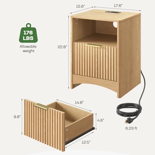 Image of Marsail Fluted Nightstand Set of 2, Wooden Nightstands with Drawers, Modern Bedside Table with Charging Station and Storage, End Table with Storage Side Table for Bedroom, Oak