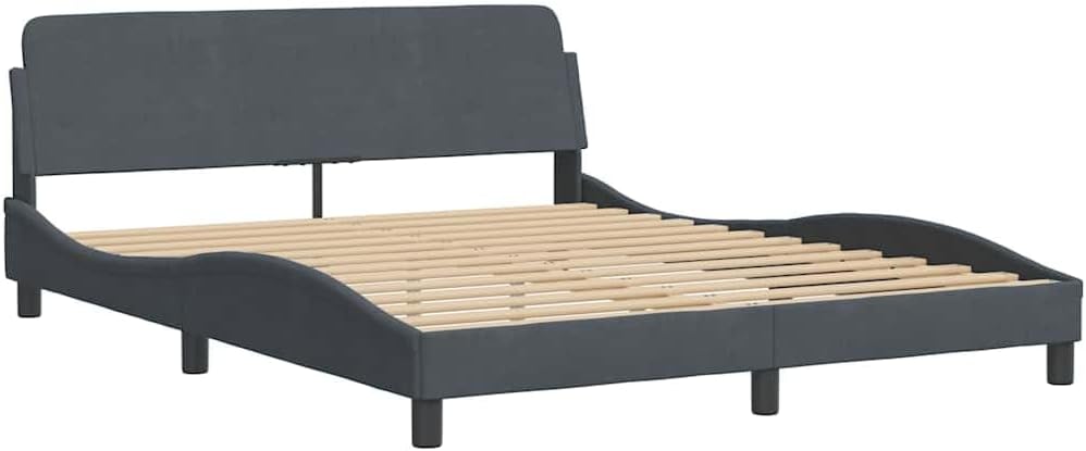 Queen Bed Frame Dark Grey Velvet with Cushioned Headboard Modern Platform Bed with Storage Slatted Foundation Durable Sturdy Frame Easy Assembly for Bedroom