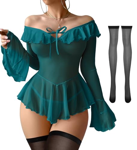 Image of Foxiny Sheer Ruffle Long Sleeve Babydoll Lingerie Dress | Off-shoulder neckline, flared cuffs and a flounce hem add movement; thong and thigh-high stockings complete the 3-piece set