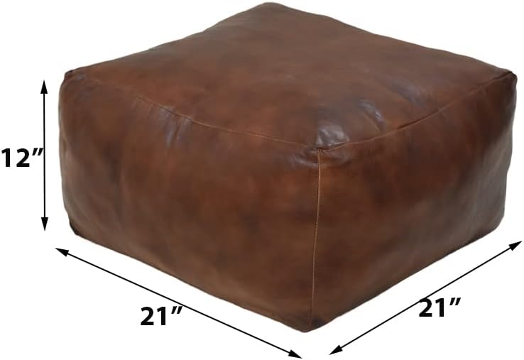 Handmade ECO-Friendly Square Shaped Stuffed Buffalo Leather Brown Pouf - 21" x 21" x 12', Square Shape, Brown Color, Plain Solid Design, Genunie Buffalo Leather