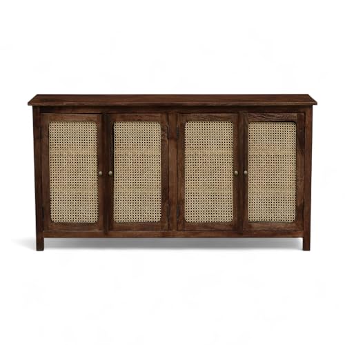 Image of Madrid Solid Wood 4-Door Cane Sideboard Cabinet | Scratch-Resistant Tubaq Finish | Crockery & Kitchen Storage Unit