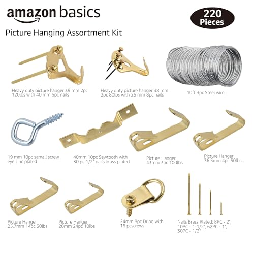 Amazon Basics Picture Hanging Hardware Assortment Kit, 220 Piece Set, Brass - Image 3