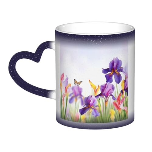 Image of FodPand Iris Flower Butterfly Coffee Mug with Handle 12 Oz, Heat Sensitive Color Changing Mug In The Sky Ceramic Tea Cup, Magic Funny Art Mugs, Porcelain Cup Birthday Gift for Women Men Blue