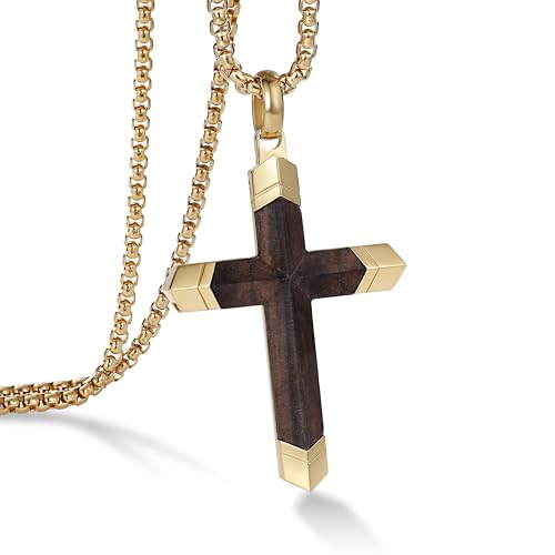 Image of Wooden Cross Necklace for Men with Stainless Steel Adjustable Chain 24-26in, Christian Wood Crucifix Pendant Gift for Him