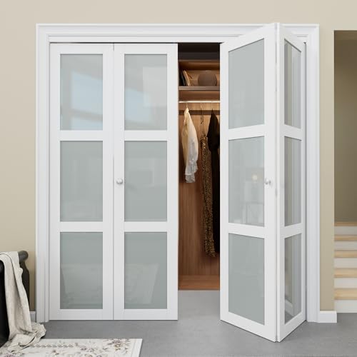 Bifold Doors for 72" x 80" Opening, 3-Lite Tempered Frosted Glass Interior Closet Folding Doors, Multifold Interior Door for Pantry/Laundry/Bathroom, White