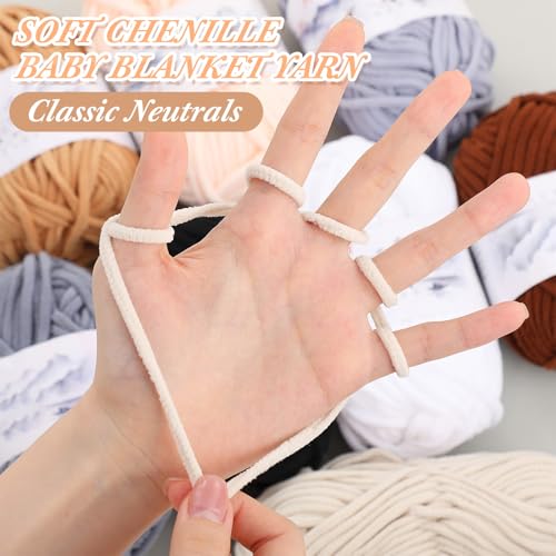 Image of Buryeah 8 Packs #5 Skinny Chenille Yarn for Hand Knitting Crocheting 50g /1.76oz Thin Soft Chunky Plush Beginner Yarn Size 5 for Crochet Small Plush DIY Crafts Blankets, 480 yd Total(Classic Neutrals)