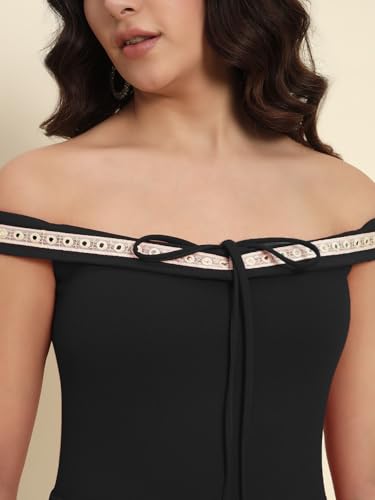 Image of ADDYVERO Women Off Shoulder Ruffle Hem Sleeveless with Lace Detailing Bodycon Party Dress (Black, XL)