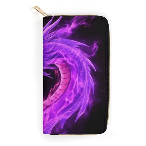 Girl's Long PU Wallet, Travel Purse Fashion Design, Huge Storage Capacity Purse, Cute Decor Zipper Wallet Purple Fire Dragon