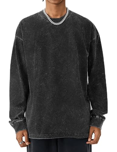Men Oversized T-Shirts Heavy Cotton Acid Wash Vintage Unisex Long Sleeve Casual Loose Solid Basic Tee Tops