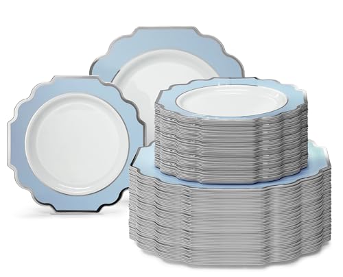 " OCCASIONS " 120 Plates Pack,(60 Guests) Heavyweight Premium Wedding Party Disposable Plastic Plates Set -60 x 10.5'' Dinner + 60 x 8'' Salad/Dessert (Imperial in White/Baby Blue & Silver)