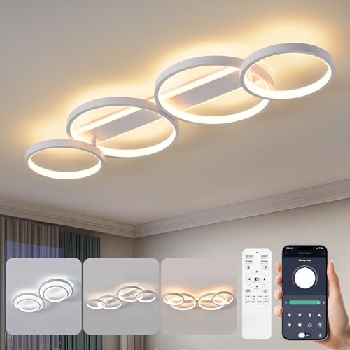 LED Plafonnier,Moderne Lampe de plafond 48W 3000K-6500K,4 anneaux ronde design Chambre Eclairage,Luminaire interieur deco avec Telecommande APP Dimmable,Lampe Lustre pour salon bureau cuisine couloir