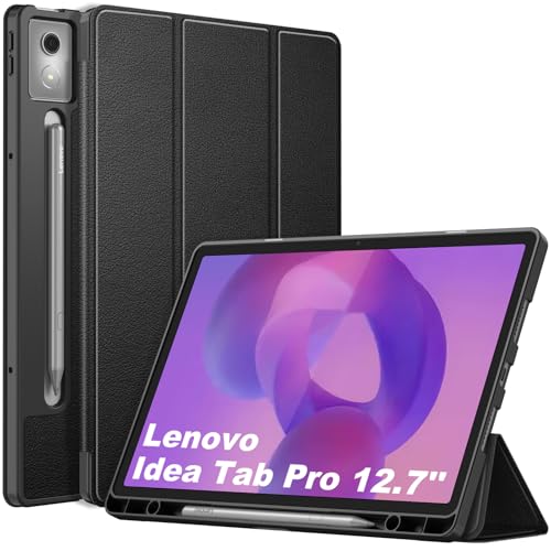 Fintie Hülle für Lenovo Idea Tab Pro 12.7 Zoll 2025 (TB-373FU/ TB-375FC)- Superdünne Soft TPU Rückseite Abdeckung Schutzhülle mit Stifthalter & Auto Schlaf/Wach Funktion, Schwarz