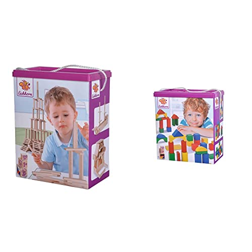 Eichhorn 100001612 Holzbaukasten Holzsteine zum Bauen, inkl. Vorlagen & 100010171 100 Bunte Holzbausteine in der Aufbewahrungsbox mit Kordel und Sortierdeckel, für Kinder ab 1 Jahr