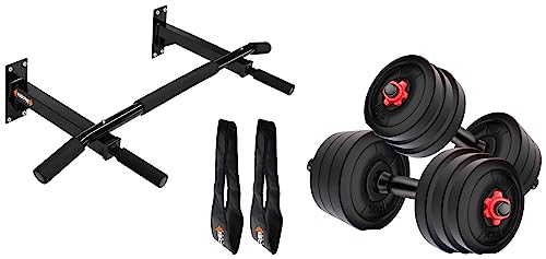 Image of Kore PVC-DM-40KG-COMBO16 (5 kg x 4 + 2 kg x 4 + 3 kg x 4) Adjustable Dumbbells Set, Multicolour, multicolor & Kore K-WM-CHINUP-BAR-SR-ABS Pull-Up Bar and Ab Strap Combo