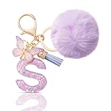 CHUQING Schlüsselanhänger Buchstabe Geschenke Mädchen Schlüssel Anhänger mit Pompon Anfangsbuchstaben Keychain Letter Schmetterling für Frauen Damen Geburtstagsgeschenk Lila S