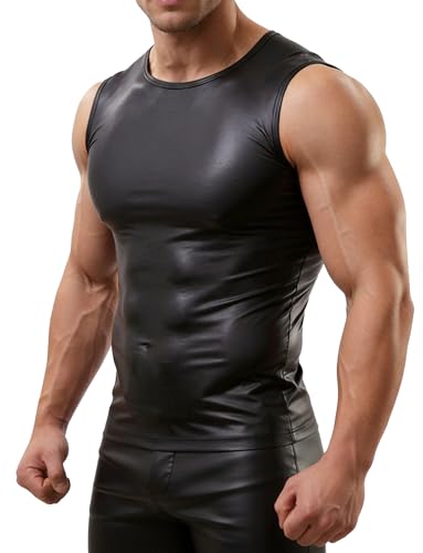 Image of AIEOE Men's Leather Metallic Shirts Shiny Slim Fit Stretch Top Wetlook Club Party Undershirts