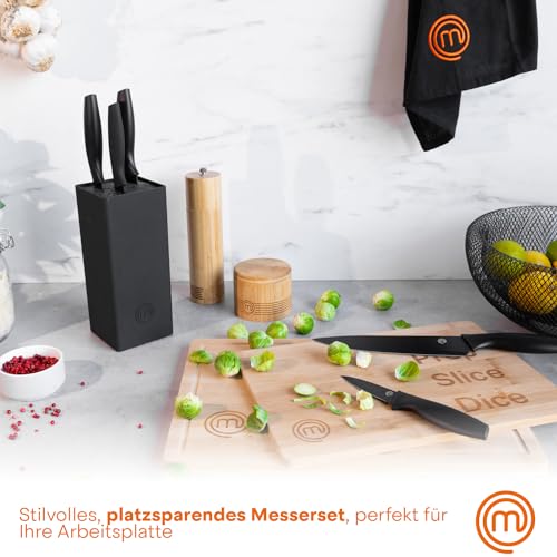 MasterChef Messerblock mit Messer, Messerset mit Block, Scharfe Messer Set mit Küchenmesser, Kochmesser, Brotmesser, Schälmesser & Allzweckmesser, Edelstahlklingen, Softgriff, 6-teilig, Schwarz
